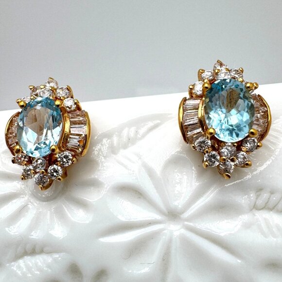 Blue Topaz CZ Earrings Clip Gold Tone December Birthstone December Birthstone - Picture 1 of 5